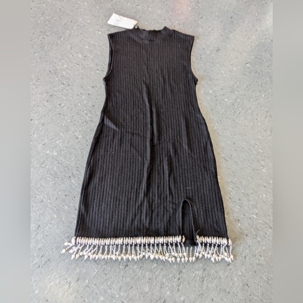 Zara Black Ribbed Cocktail Midi Beaded Dress Size Medium NWT
